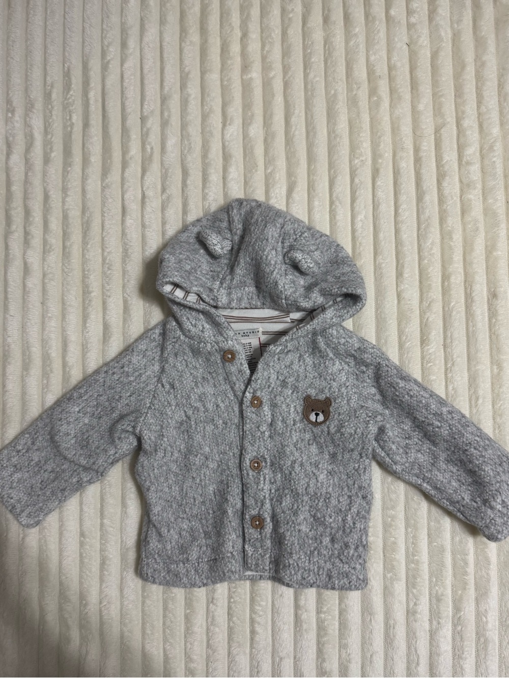 Max Studio Gray Hooded Knit Cardigan with Bear Patch